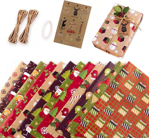 12-Sheet Christmas Wrapping Paper Set, 12 Unique Vintage Designs (20"x28") with Gift Tags, Paper Twine & Double-Sided Tape, Premium Glossy Holiday Gift Wrap for Birthdays, New Year, Xmas Presents in Saudi Arabia