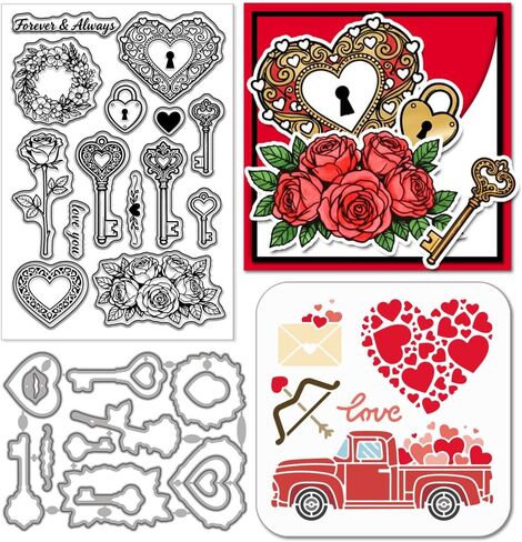 GLOBLELAND Valentine's Day Clear Silicone Stamp Metal Key and Lock Cutting Die Love Truck PET Painting Stencils for Card Making Scrapbooking Craft DIY Embossing in Saudi Arabia