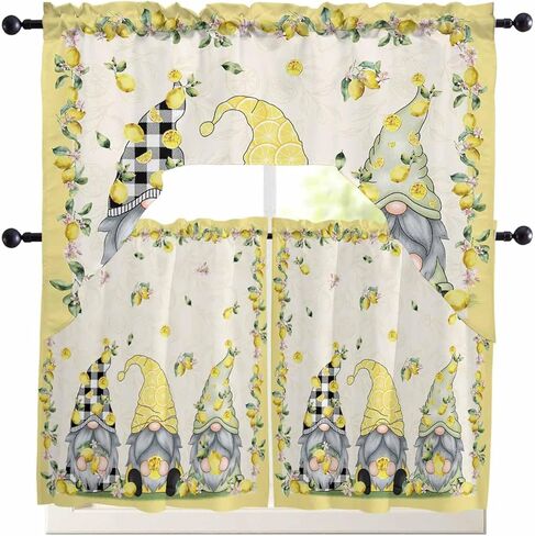 Summer Gnomes Lemon Swag Kitchen Curtain Sets with Valance,3 Pieces Rod Pocket Curtain Drapes for Bedroom Bathroom Cafe Windows,Spring Yellow Black White Plaid 56''x36''&36''x27.5''x2Panels in Kuwait