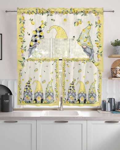 Summer Gnomes Lemon Swag Kitchen Curtain Sets with Valance,3 Pieces Rod Pocket Curtain Drapes for Bedroom Bathroom Cafe Windows,Spring Yellow Black White Plaid 56''x36''&36''x27.5''x2Panels in Kuwait