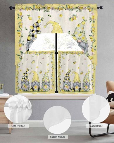 Summer Gnomes Lemon Swag Kitchen Curtain Sets with Valance,3 Pieces Rod Pocket Curtain Drapes for Bedroom Bathroom Cafe Windows,Spring Yellow Black White Plaid 56''x36''&36''x27.5''x2Panels in Kuwait