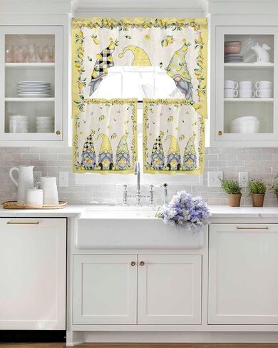 Summer Gnomes Lemon Swag Kitchen Curtain Sets with Valance,3 Pieces Rod Pocket Curtain Drapes for Bedroom Bathroom Cafe Windows,Spring Yellow Black White Plaid 56''x36''&36''x27.5''x2Panels in Kuwait