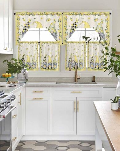 Summer Gnomes Lemon Swag Kitchen Curtain Sets with Valance,3 Pieces Rod Pocket Curtain Drapes for Bedroom Bathroom Cafe Windows,Spring Yellow Black White Plaid 56''x36''&36''x27.5''x2Panels in Kuwait