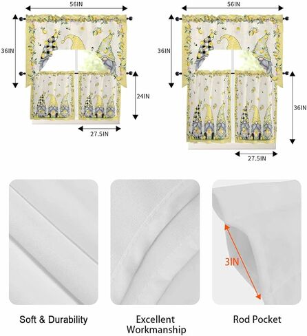 Summer Gnomes Lemon Swag Kitchen Curtain Sets with Valance,3 Pieces Rod Pocket Curtain Drapes for Bedroom Bathroom Cafe Windows,Spring Yellow Black White Plaid 56''x36''&36''x27.5''x2Panels in Kuwait