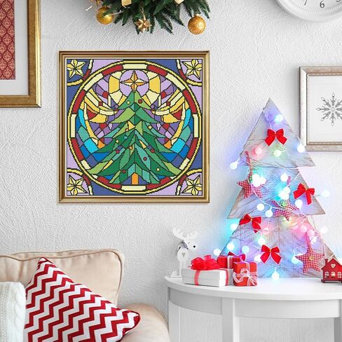 FREEBLOSS 11CT Christmas Printed Cross Stitch Kits Christmas Tree Stamped Cross Stitch Kit with Instruction Wall Hanging Kit for Needlepoint Adults Wall Art Decoration 18x18in/45x45cm in Saudi Arabia