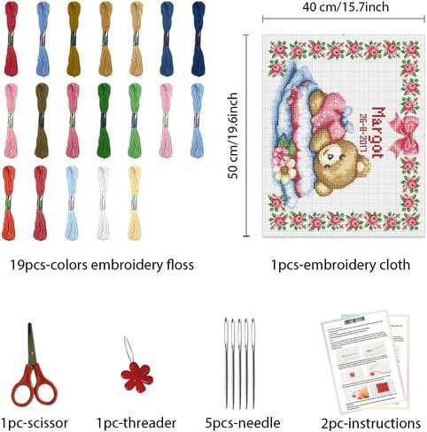 FREEBLOSS Cross Stitch Kit for Beginners 11CT Sleeping Bear Stamped Cross Stitch Wall Hanging DIY Embroidery Kit with Instructions 15.8" x 19.7"/40x50cm in Saudi Arabia