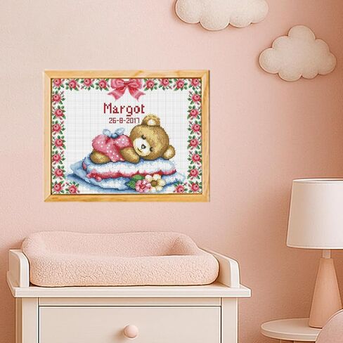 FREEBLOSS Cross Stitch Kit for Beginners 11CT Sleeping Bear Stamped Cross Stitch Wall Hanging DIY Embroidery Kit with Instructions 15.8" x 19.7"/40x50cm in Saudi Arabia
