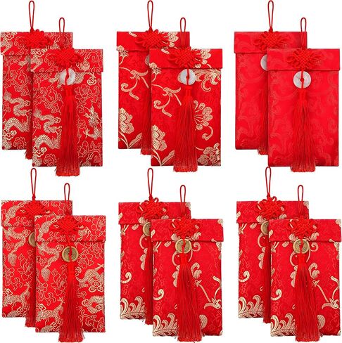 6 Pieces Silk Red Envelopes Chinese Hongbao Chinese Element Festive Red Gift Card Envelopes Lucky Money Embroidery Envelope with Knot for New Year, Wedding, Birthday in Saudi Arabia