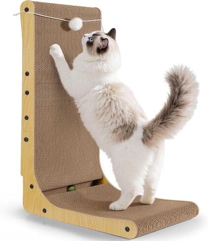 Gimars Vertical Cat Scratcher, L-Shape 26.8'' Cat Scratching Cardboard with Plush & Catnip Balls, Large Size Cat Scratch Pad Wall Mounted, Cat Toys for Protecting Furniture in Kuwait