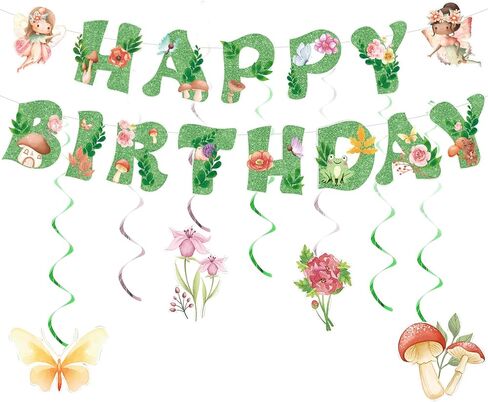 Fairies Birthday Party Decorations Glittery Green Fairy Happy Birthday Banner, Hanging Decor for Flower Garden Decoration 1st Happy Birthday Banner Party Supplies in Kuwait