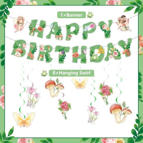 Fairies Birthday Party Decorations Glittery Green Fairy Happy Birthday Banner, Hanging Decor for Flower Garden Decoration 1st Happy Birthday Banner Party Supplies in Kuwait