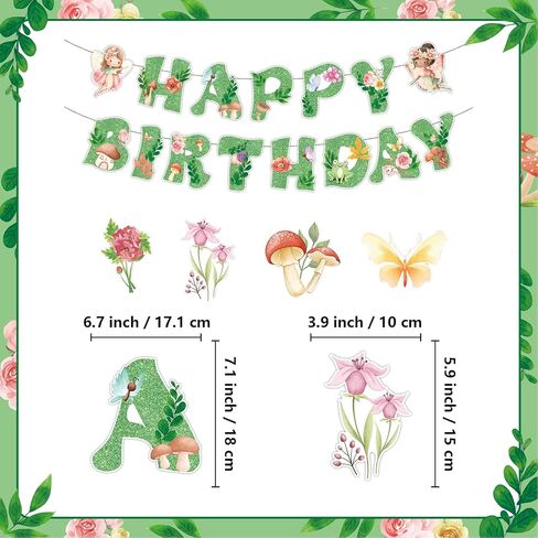Fairies Birthday Party Decorations Glittery Green Fairy Happy Birthday Banner, Hanging Decor for Flower Garden Decoration 1st Happy Birthday Banner Party Supplies in Kuwait