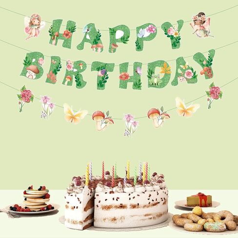 Fairies Birthday Party Decorations Glittery Green Fairy Happy Birthday Banner, Hanging Decor for Flower Garden Decoration 1st Happy Birthday Banner Party Supplies in Kuwait