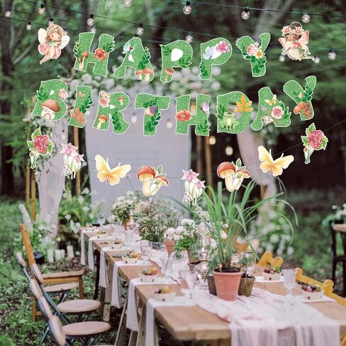 Fairies Birthday Party Decorations Glittery Green Fairy Happy Birthday Banner, Hanging Decor for Flower Garden Decoration 1st Happy Birthday Banner Party Supplies in Kuwait