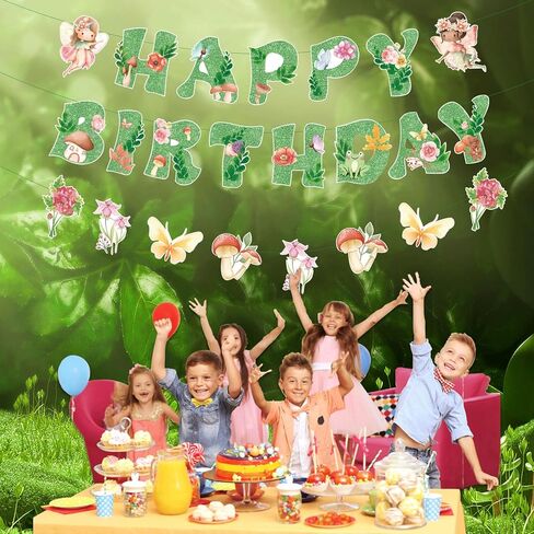 Fairies Birthday Party Decorations Glittery Green Fairy Happy Birthday Banner, Hanging Decor for Flower Garden Decoration 1st Happy Birthday Banner Party Supplies in Kuwait