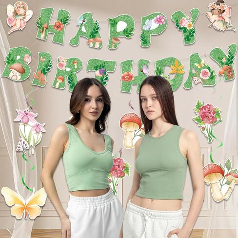 Fairies Birthday Party Decorations Glittery Green Fairy Happy Birthday Banner, Hanging Decor for Flower Garden Decoration 1st Happy Birthday Banner Party Supplies in Kuwait