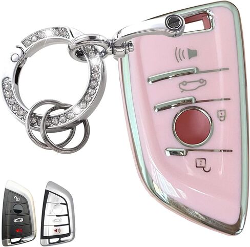 مفتاح أنظمة الدخول بدون مفتاح لغطاء غطاء مفتاح BMW Key Fob مع سلسلة مفاتيح تناسب BMW X1 X2 X3 X5 X6 X7 GT و2 3 4 5 6 7 8 سلسلة (فضي وردي) in Kuwait