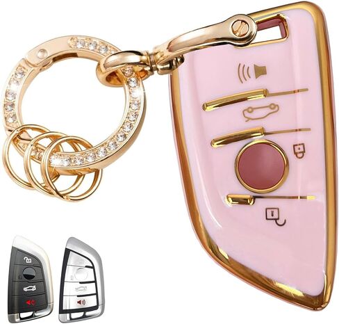 مفتاح أنظمة الدخول بدون مفتاح لغطاء غطاء مفتاح BMW Key Fob مع سلسلة مفاتيح تناسب BMW X1 X2 X3 X5 X6 X7 GT و2 3 4 5 6 7 8 سلسلة (فضي وردي) in Kuwait