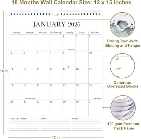 التقويم 2025-2026 - تقويم حائط لمدة 18 شهرًا من يناير 2025 إلى يونيو 2026، 2025-2026 مخطط تقويم معلق على الحائط مع ورق سميك، 12 بوصة × 14.5 بوصة، تقويم عمودي، أخضر in Kuwait