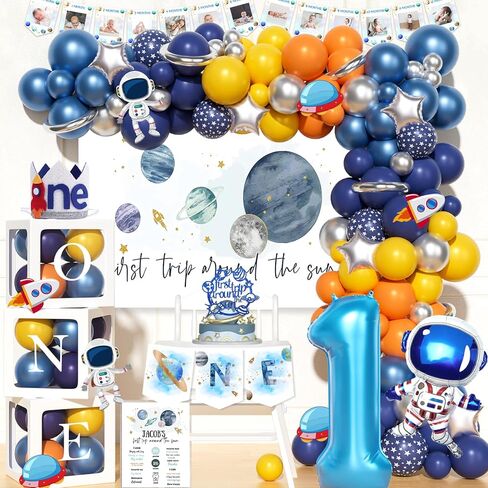 First Trip Around the Sun Birthday Decorations, Outer Space 1st Birthday Decorations Balloon Garland Photo Highchair Banner Box Cutout Crown Poster Cake Topper Astronaut Spaceship 125 PCs in Saudi Arabia