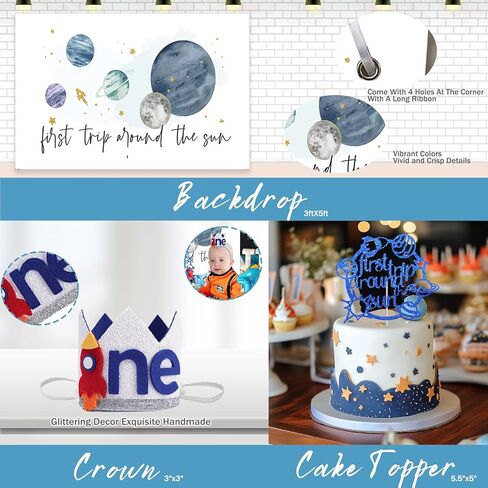 First Trip Around the Sun Birthday Decorations, Outer Space 1st Birthday Decorations Balloon Garland Photo Highchair Banner Box Cutout Crown Poster Cake Topper Astronaut Spaceship 125 PCs in Saudi Arabia