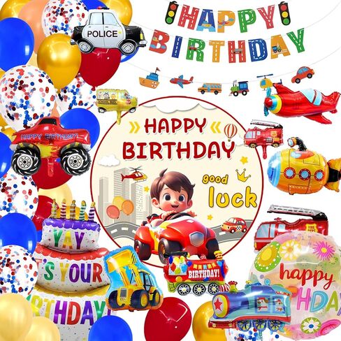 Balloons For Boys 65Pack Transportation Birthday Decorations, Car Themed Birthday Party Decorations, School Bus, Latex Ball, Cake, Submarine, Truck, Fire Truck, Train, Airplane, Car Flag in Saudi Arabia