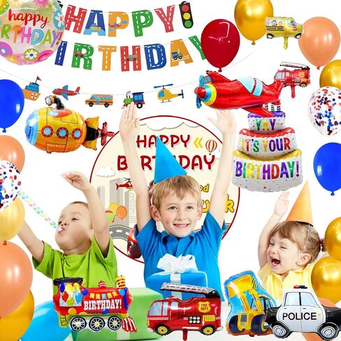 Balloons For Boys 65Pack Transportation Birthday Decorations, Car Themed Birthday Party Decorations, School Bus, Latex Ball, Cake, Submarine, Truck, Fire Truck, Train, Airplane, Car Flag in Saudi Arabia
