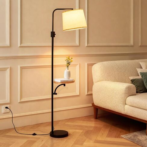 Corner Floor Lamp with Table, Black Modern Standing Lamp with Shelf, Dimmable Arc Tall Side Table with Lights for Living Room Bedroom Office with Adjust Head, Rotary Switch，LED Bulb Included in Saudi Arabia