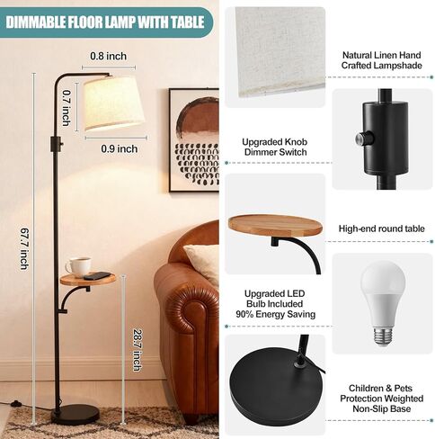 Corner Floor Lamp with Table, Black Modern Standing Lamp with Shelf, Dimmable Arc Tall Side Table with Lights for Living Room Bedroom Office with Adjust Head, Rotary Switch，LED Bulb Included in Saudi Arabia