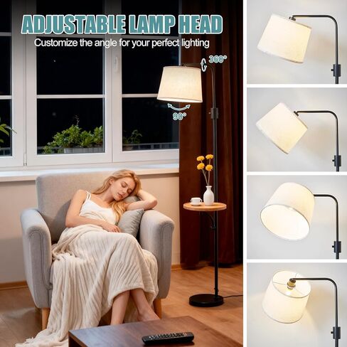 Corner Floor Lamp with Table, Black Modern Standing Lamp with Shelf, Dimmable Arc Tall Side Table with Lights for Living Room Bedroom Office with Adjust Head, Rotary Switch，LED Bulb Included in Saudi Arabia