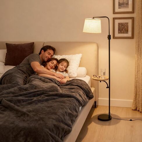 Corner Floor Lamp with Table, Black Modern Standing Lamp with Shelf, Dimmable Arc Tall Side Table with Lights for Living Room Bedroom Office with Adjust Head, Rotary Switch，LED Bulb Included in Saudi Arabia