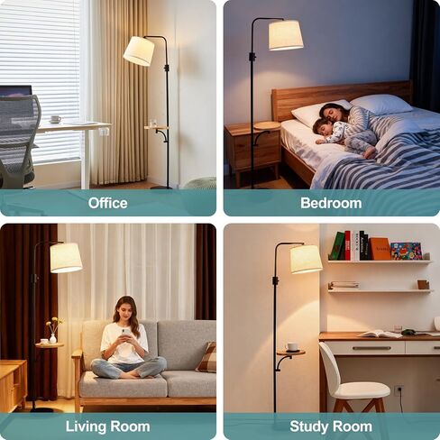 Corner Floor Lamp with Table, Black Modern Standing Lamp with Shelf, Dimmable Arc Tall Side Table with Lights for Living Room Bedroom Office with Adjust Head, Rotary Switch，LED Bulb Included in Saudi Arabia