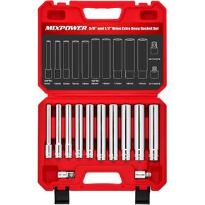 MIXPOWER 12 Pieces 3/8"&1/2" Drive Extra Deep Metric Socket Set,6 Point,8-10-12-13-14-15-16-17-18-19mm with 1/2"&3/8" Adapter,120mm Deep CR-V Socket for Automotive and Industrial Applications in Kuwait