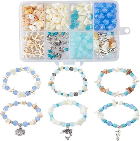 SUNNYCLUE 1 Box DIY 6 Set Ocean Beading Bracelet Kit Sea Animal Bead Colorful Starfish Beads Amethyst Rose Quartz Amazonite Turquoise Gemstone Chips Summer Hawaii Glass Beads for Jewelry Making Kits in Saudi Arabia