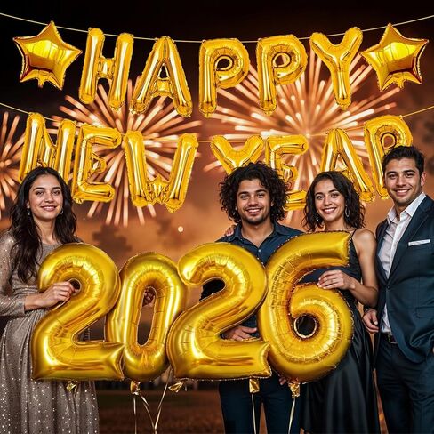 32inch 2025 Balloons, 16inch Happy New Year Banner Balloons Gold, New Years Eve Party Supplies, 2025 Gold Number Balloons, Happy New Year Decorations 2025, NYE decorations 2025, New Years Party Favors in Kuwait