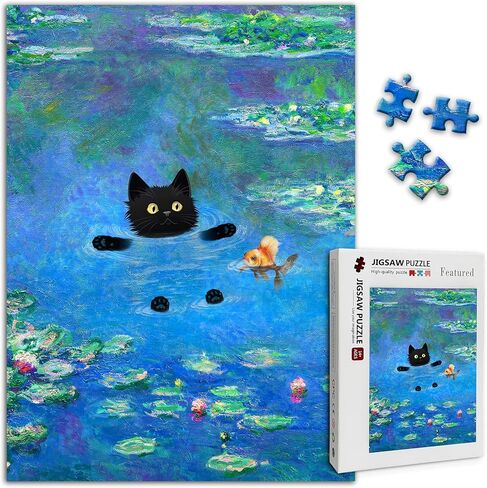 Cat Puzzles for Adults 500 Pieces Water Lilies by Claude Monet Black Cat Funny Animal Puzzle Jigsaw Puzzles as Home Decor in Saudi Arabia