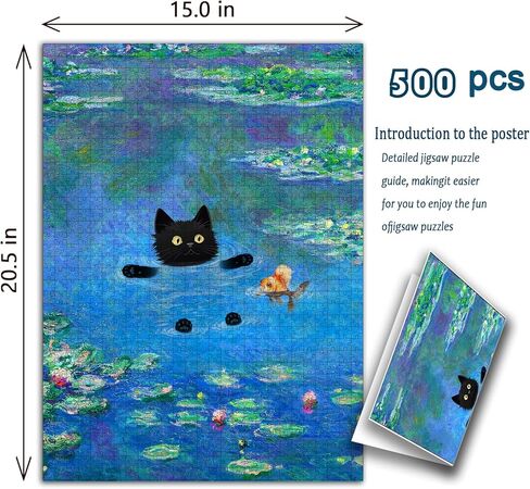 Cat Puzzles for Adults 500 Pieces Water Lilies by Claude Monet Black Cat Funny Animal Puzzle Jigsaw Puzzles as Home Decor in Saudi Arabia