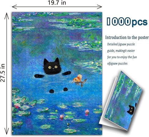 Cat Puzzles for Adults 500 Pieces Water Lilies by Claude Monet Black Cat Funny Animal Puzzle Jigsaw Puzzles as Home Decor in Saudi Arabia