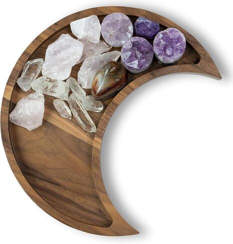 Crystal Holder Moon Tray with Round Dish Display - Natural Pine Wooden Crystal Tray for Stones Healing Crystals Storage and Organizer - Crescent Spiritual Boho Home Decor Essential Oil Jewelry Rings in Kuwait