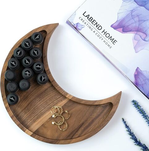 Crystal Holder Moon Tray with Round Dish Display - Natural Pine Wooden Crystal Tray for Stones Healing Crystals Storage and Organizer - Crescent Spiritual Boho Home Decor Essential Oil Jewelry Rings in Kuwait