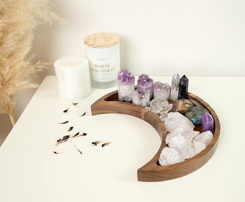 Crystal Holder Moon Tray with Round Dish Display - Natural Pine Wooden Crystal Tray for Stones Healing Crystals Storage and Organizer - Crescent Spiritual Boho Home Decor Essential Oil Jewelry Rings in Kuwait