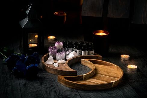 Crystal Holder Moon Tray with Round Dish Display - Natural Pine Wooden Crystal Tray for Stones Healing Crystals Storage and Organizer - Crescent Spiritual Boho Home Decor Essential Oil Jewelry Rings in Kuwait