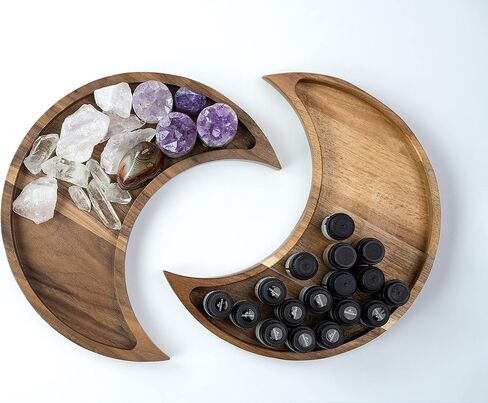 Crystal Holder Moon Tray with Round Dish Display - Natural Pine Wooden Crystal Tray for Stones Healing Crystals Storage and Organizer - Crescent Spiritual Boho Home Decor Essential Oil Jewelry Rings in Kuwait