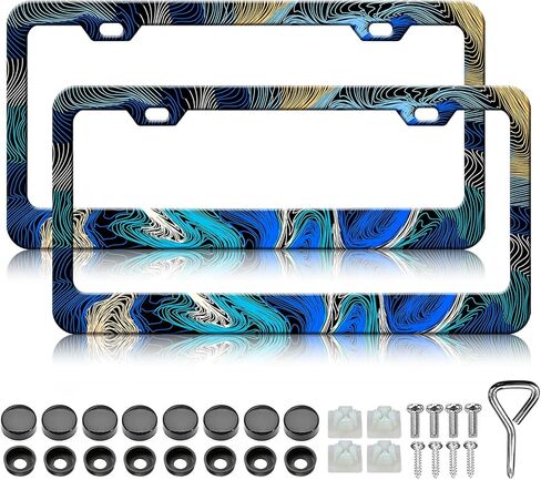 Colorful Topographic Map License Plate Frames - 2 Pack Topography License Plate Holder, Stainless Steel Rust-Proof Waterproof Car Decorative Tag Frame with Screws Fasteners Caps in Saudi Arabia