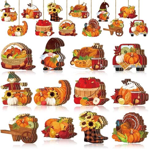 Huwena 36 Pcs Halloween Ornaments Pumpkin Wooden Halloween Decorations Ghost Witch Hat Halloween Tree Ornaments Spiders Decorative Hanging Ornaments Halloween Wood Pendant Signs with Rope for Party in Kuwait