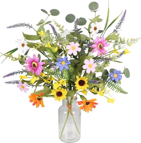 GTIDEA 3 Bundles Artificial Flowers for Decoration Faux Roses Bouquet with Daisies Fake Silk Floral Arrangement for Home Kitchen Table Vase Party Spring Wedding Decor (19.6in) in Saudi Arabia