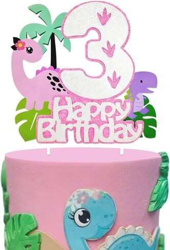 Pink Dinosaur Cake Topper Girl,3rd Birthday Dino Cake Topper 3, Tropical Theme Dinosaur Cake Decorations For Princess 3 Year Old Birthday Party Decorations in Saudi Arabia