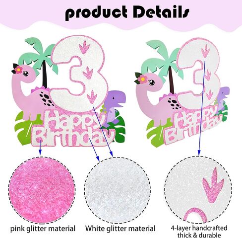 Pink Dinosaur Cake Topper Girl,3rd Birthday Dino Cake Topper 3, Tropical Theme Dinosaur Cake Decorations For Princess 3 Year Old Birthday Party Decorations in Saudi Arabia