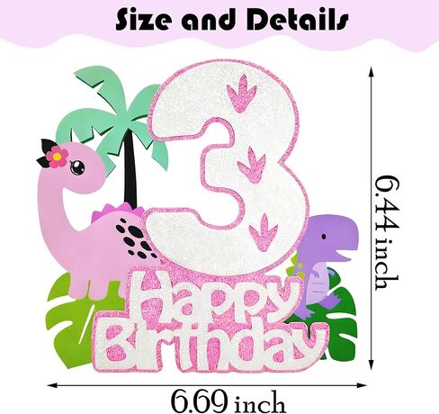 Pink Dinosaur Cake Topper Girl,3rd Birthday Dino Cake Topper 3, Tropical Theme Dinosaur Cake Decorations For Princess 3 Year Old Birthday Party Decorations in Saudi Arabia