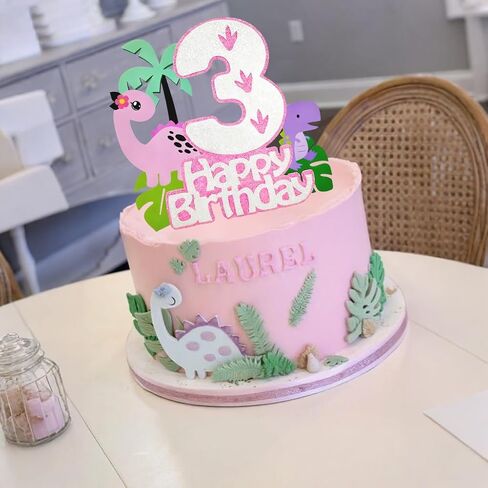 Pink Dinosaur Cake Topper Girl,3rd Birthday Dino Cake Topper 3, Tropical Theme Dinosaur Cake Decorations For Princess 3 Year Old Birthday Party Decorations in Saudi Arabia